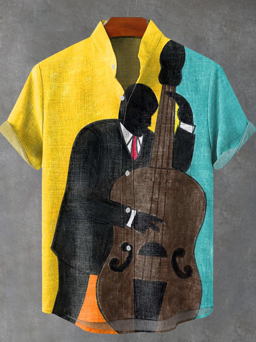 Vintage Abstract Black Jazz Illustration Art Print Casual 100% Cotton Shirt