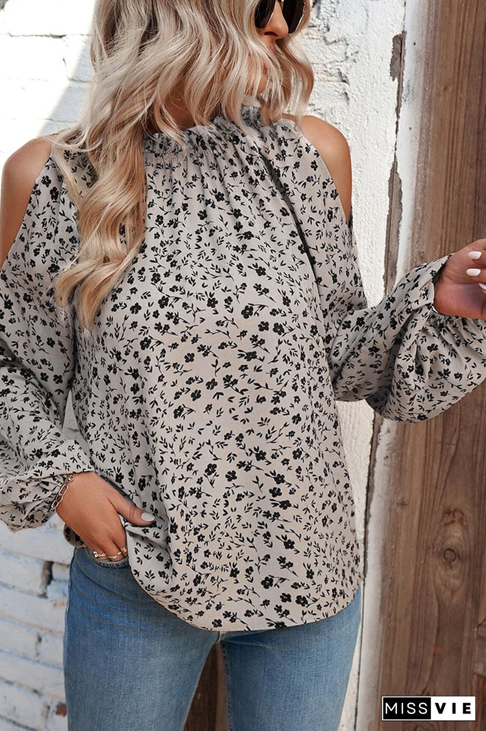 Cold Shoulder Frilled Collar Floral Blouse