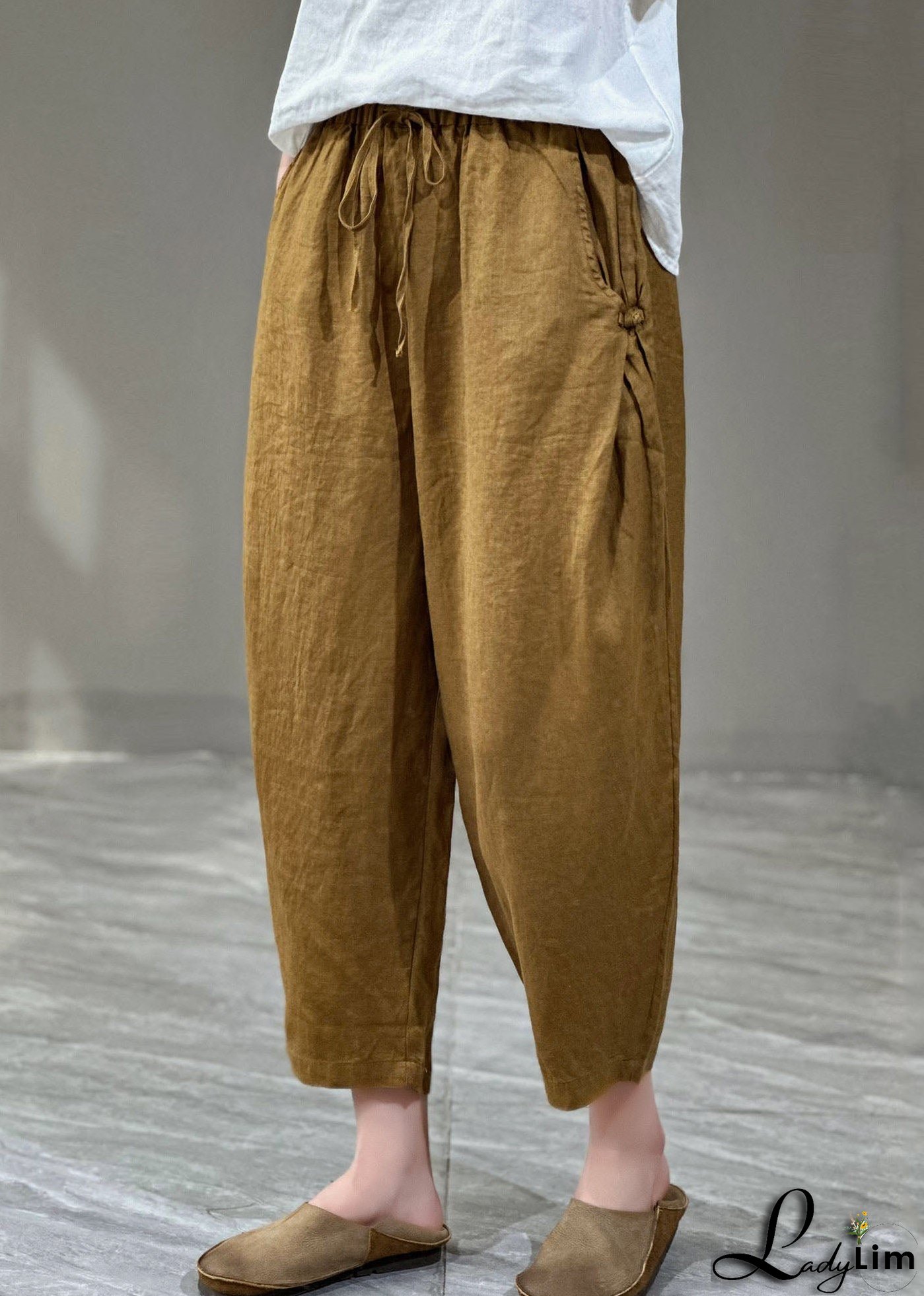 Casual Yellow Pockets Cinched Patchwork Linen Harem Pants Summer