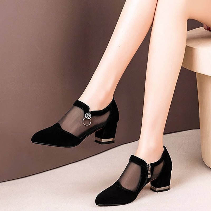 Classic Women Mesh Breathable Pumps High Heel Shoes Zip Pointed Toe Thick Heels Fashion Female Dress Shoes Elegant Footwear