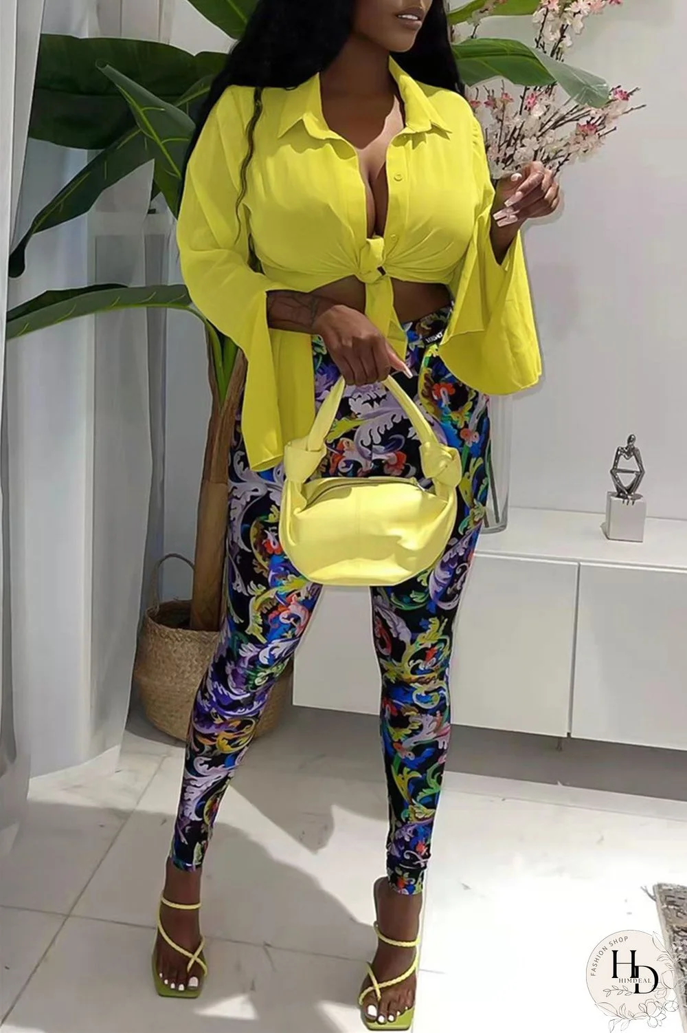 Yellow Sexy Casual Print Slit Turndown Collar Long Sleeve Two Pieces