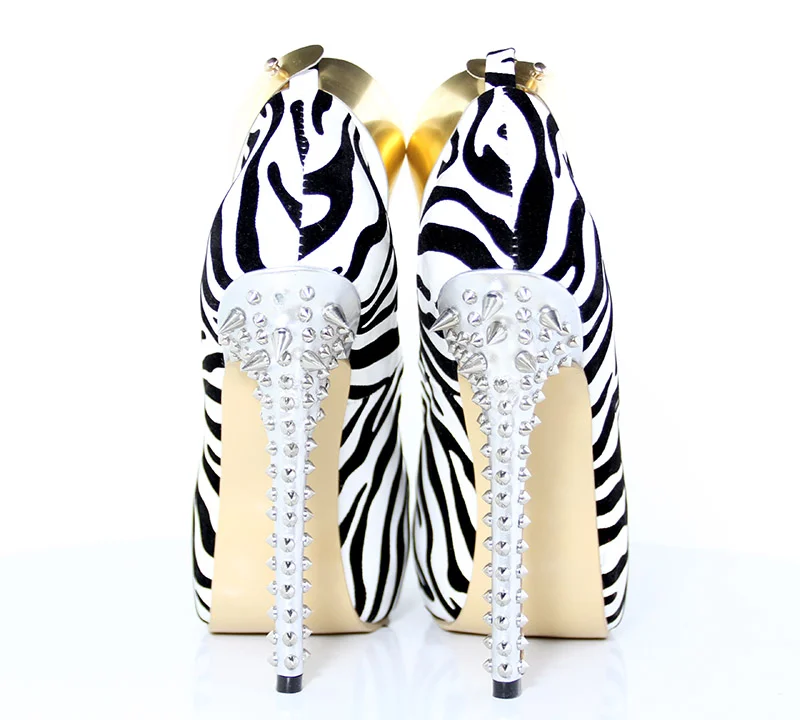 Black & White Zebra Print Closed Toe Stiletto Heel Ankle Strap Pumps Nicepairs