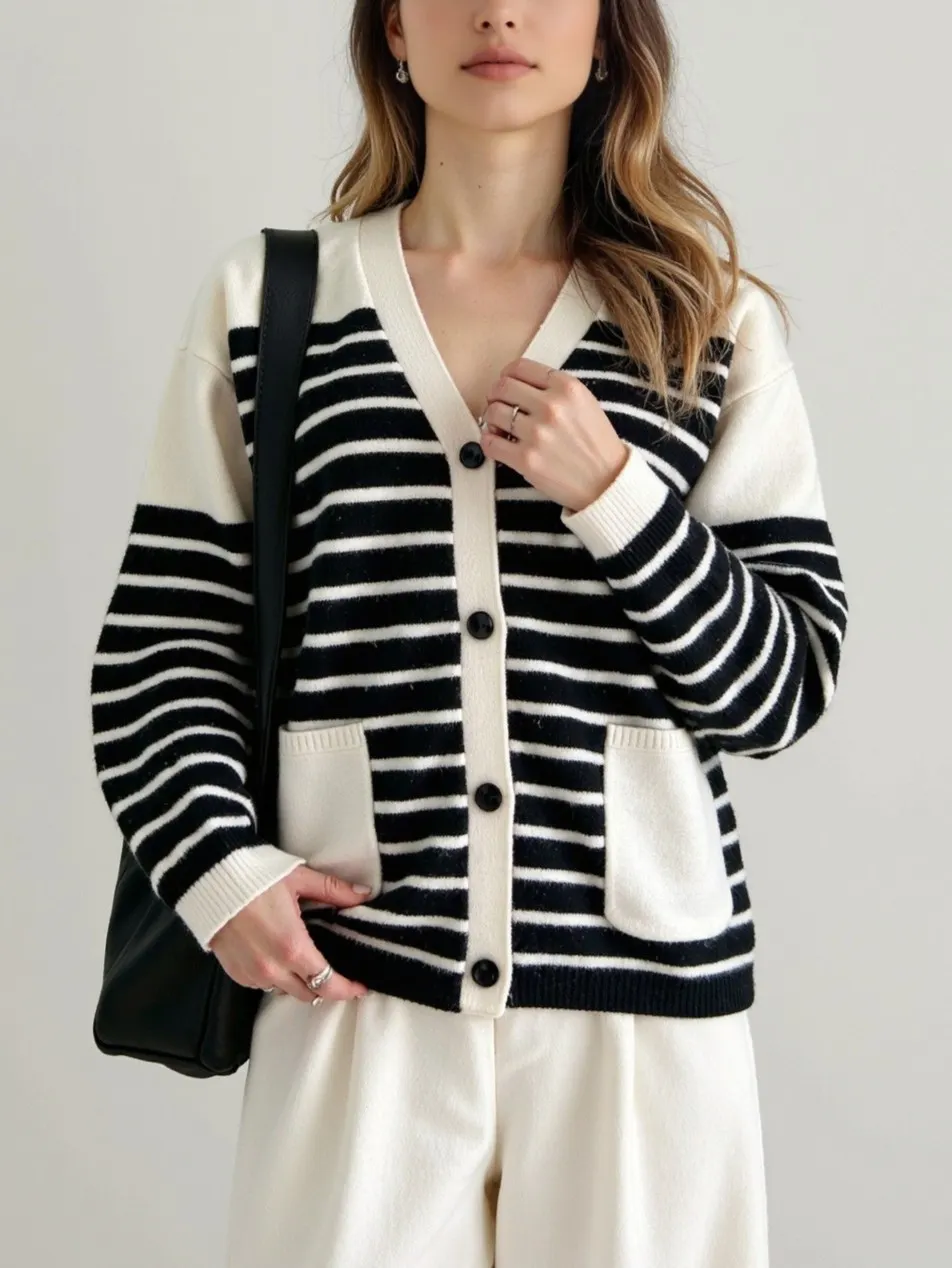 Nigikala Nigikala And Winter Single-Dcup Buckle V-Neck Pocket Knitted Cardigan New Striped Impact Coat