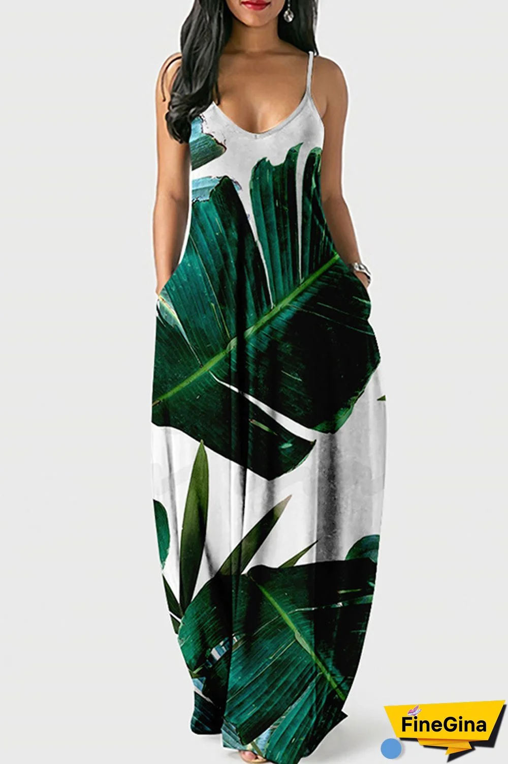 Cyan Green Sexy Casual Print Backless Spaghetti Strap Long Dress Dresses