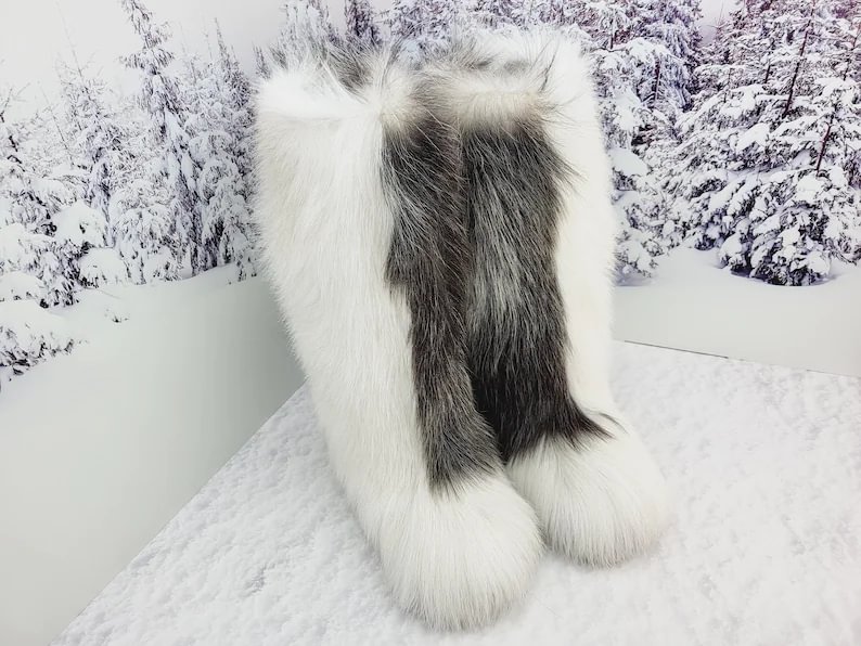 White gary knee goat fur women Furry winter boots Yeti boots Long fur snow boots