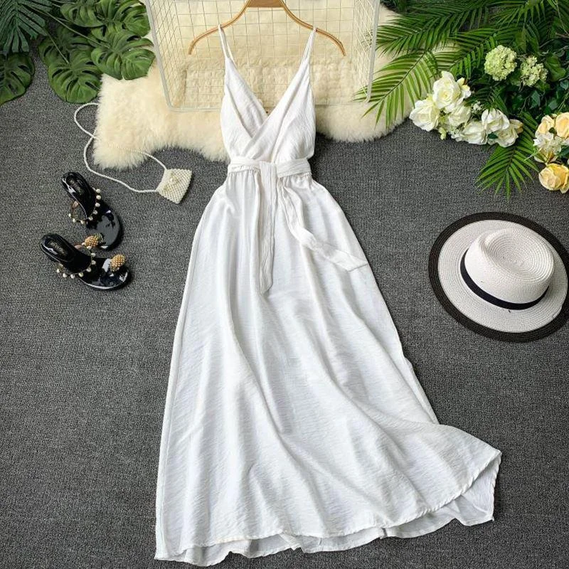 FTLZZ Maldives Holiday Dress Sexy Backless Straps V-neck Dress Women Solid Color Thai Seaside Maxi Long Big Swing Fairy Dress