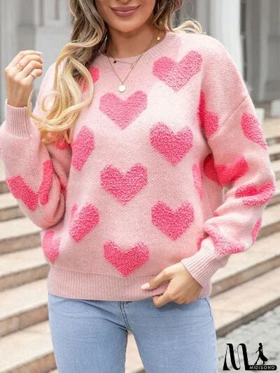 Heart Round Neck Dropped Shoulder Sweater