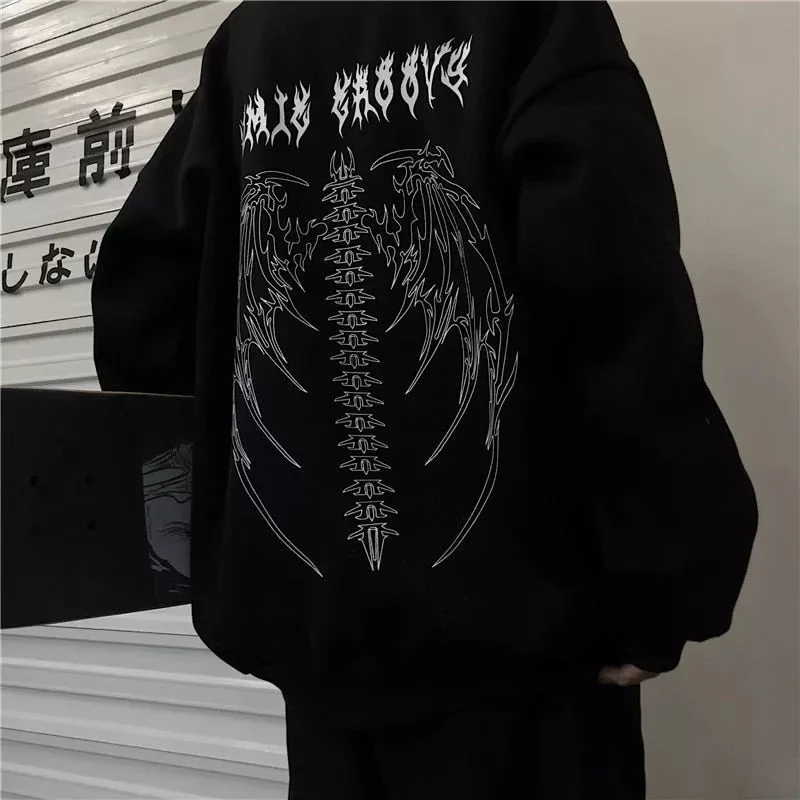 Hip Hop Streetwear Women Hoodies Goth Angel Dark Print Zipper Jacket Coat Harajuku Y2K Hooded Top Clothes Men Women Punk Outwear