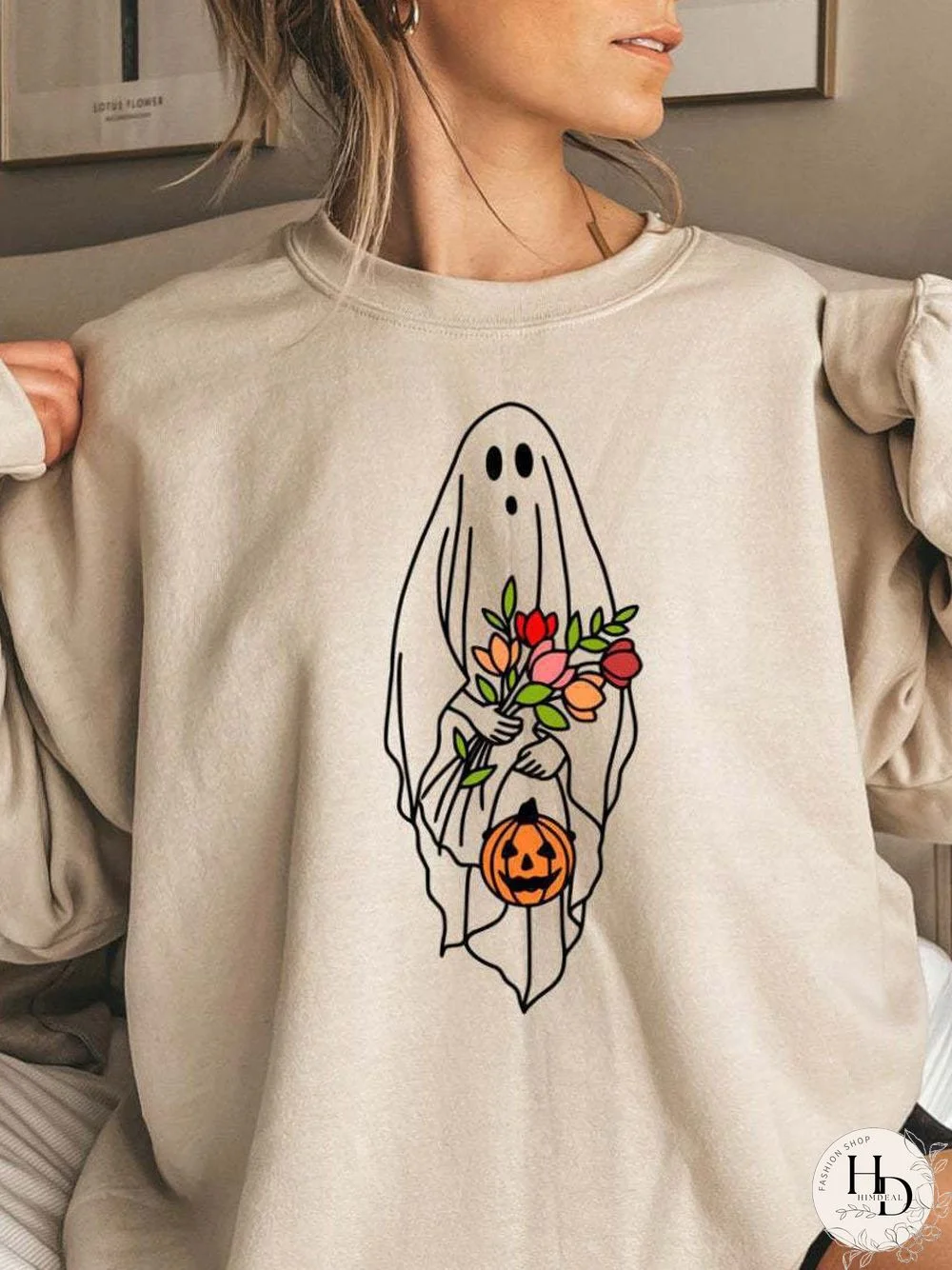 Ghost With Flower Printed Loose Top