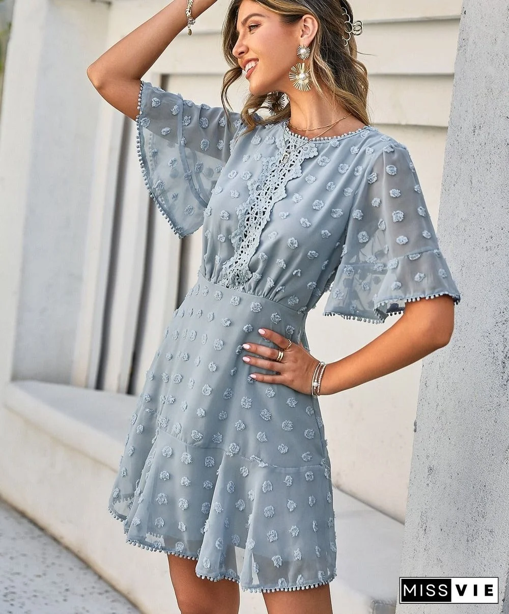 Holiday o-neck flare sleeves tassel white mini dress summer women Hollow out emboridery ruffle dresses Casual vestidos