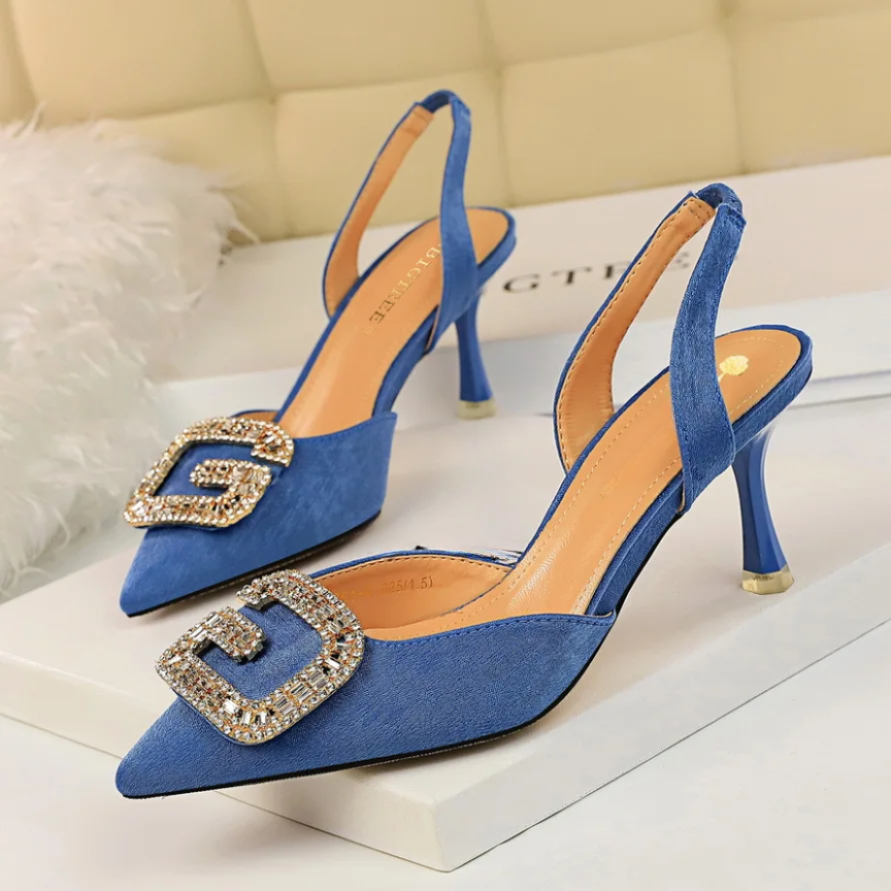 Promotriumphu 896-2 Style Women Shoes High Heels Shallow Pocket Tip Velvet Hollow Out Metal Buckle Sandals Fashionable Ladies Shoes High Heels