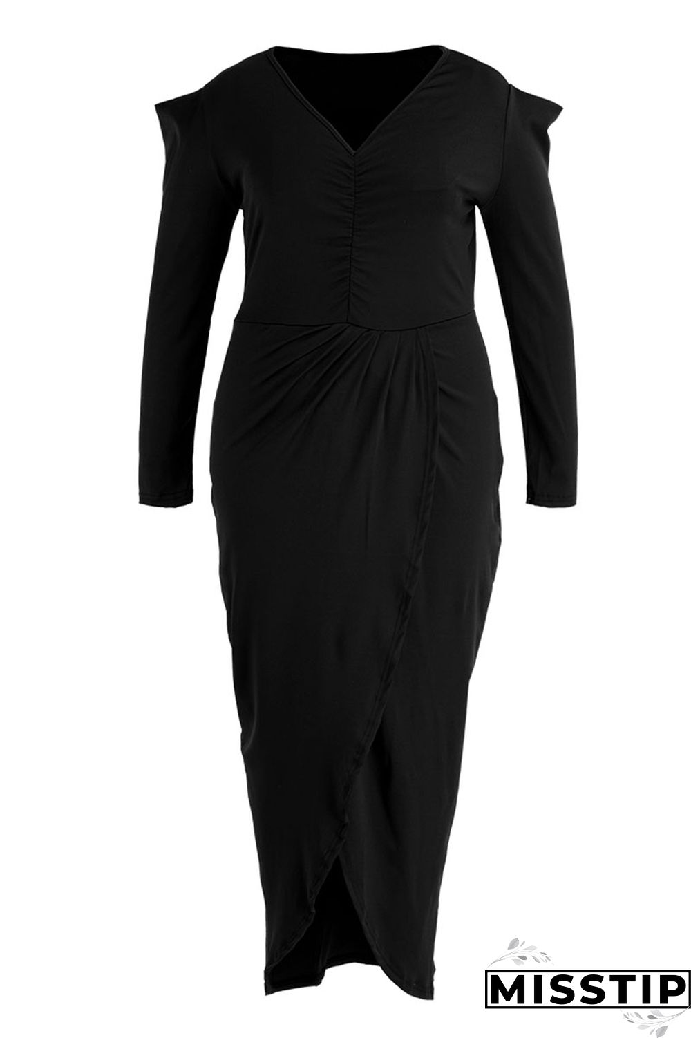 Black Casual Solid Patchwork Fold Asymmetrical V Neck Princess Plus Size Dresses