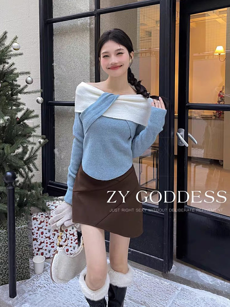 Harajuku Knitted Pullovers Patchwork Women Contrasting Colors Autumn Winter Slash Neck Sweater Korean Elegant Sweet Christmas