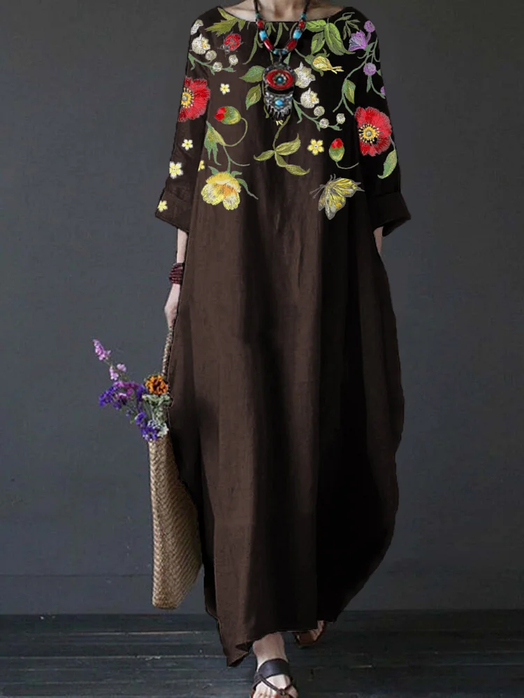 Vintage Floral Pattern Crew Neck Loose Maxi Dress