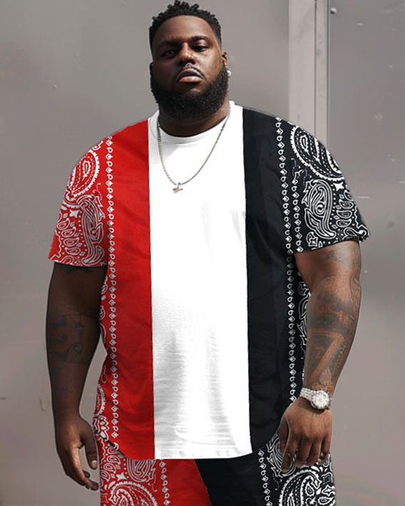 Big Men's Simple Casual Colorblock Paisley Print T-Shirt Shorts Set