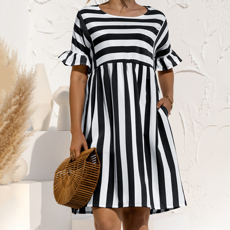 Women's Striped Print Party Ruffle Sleeves High Waist Elegant Casual Beach Dress