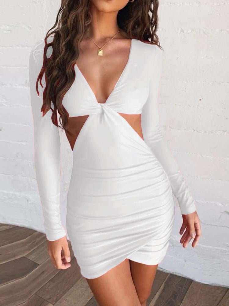 Promsstyle Chic deep v neck waist cut out ruched mini dress