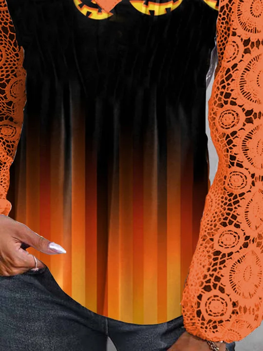 Women Long Sleeve V-neck Pumpkin Printed Graphic Halloween Lace Tops
