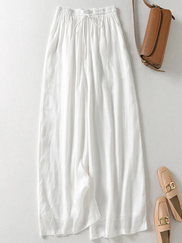 Women's Solid Cotton Linen High Waisted Wide Leg Loose Pants