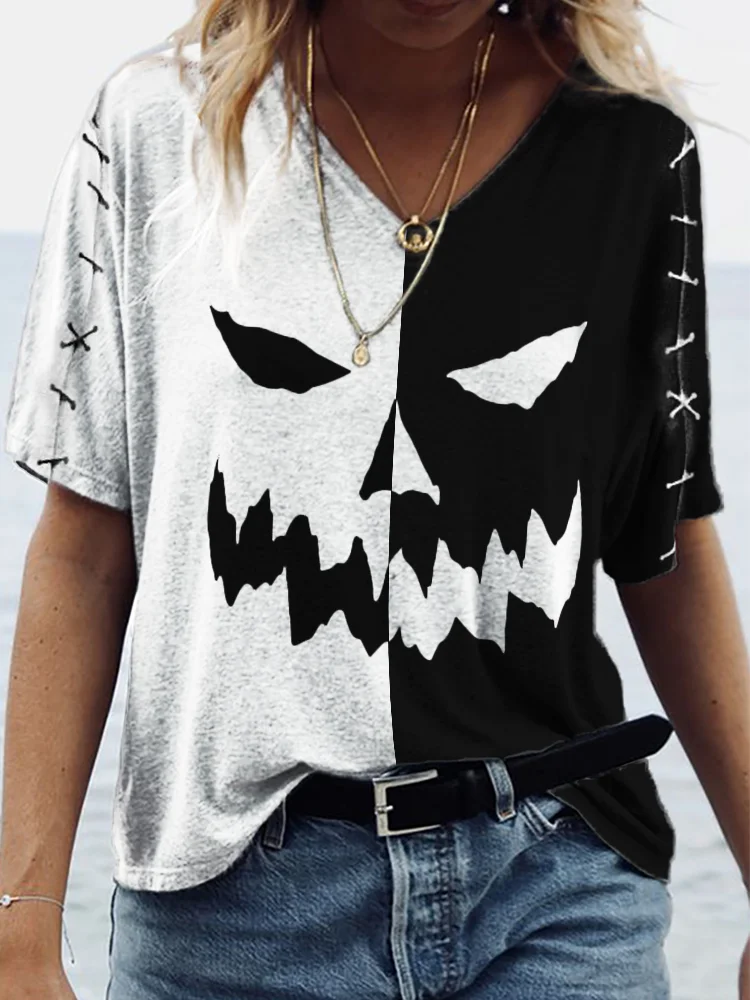 Halloween Pumpkin Face Stitch V Neck T Shirt