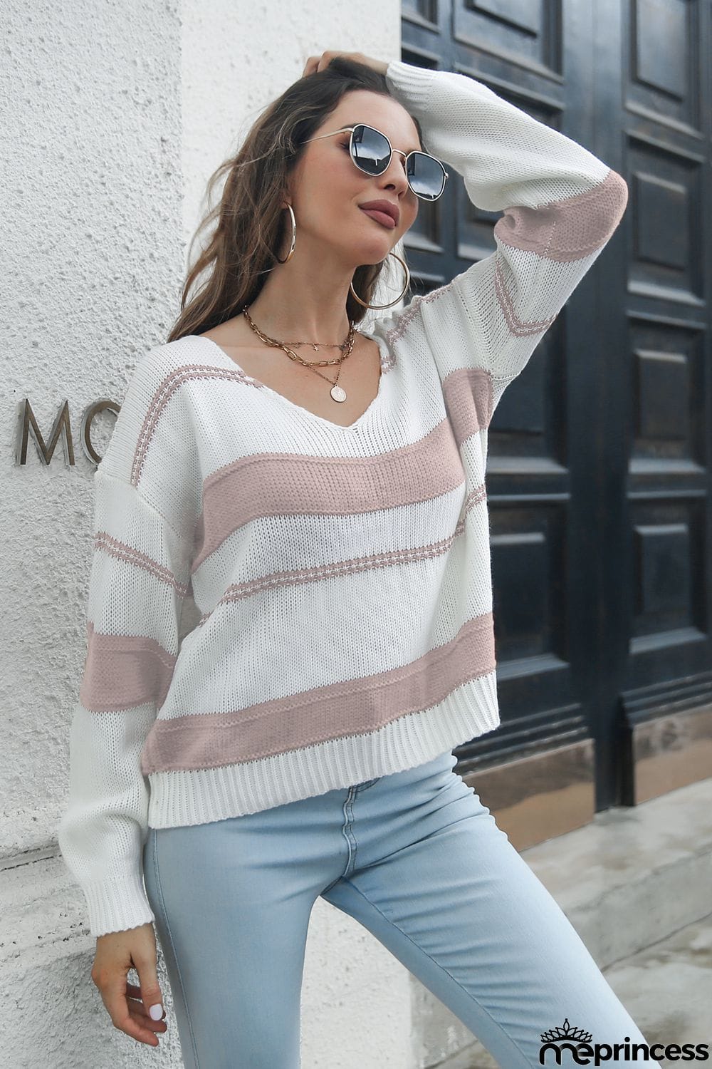 Striped V-Neck Drop Shoulder Sweater