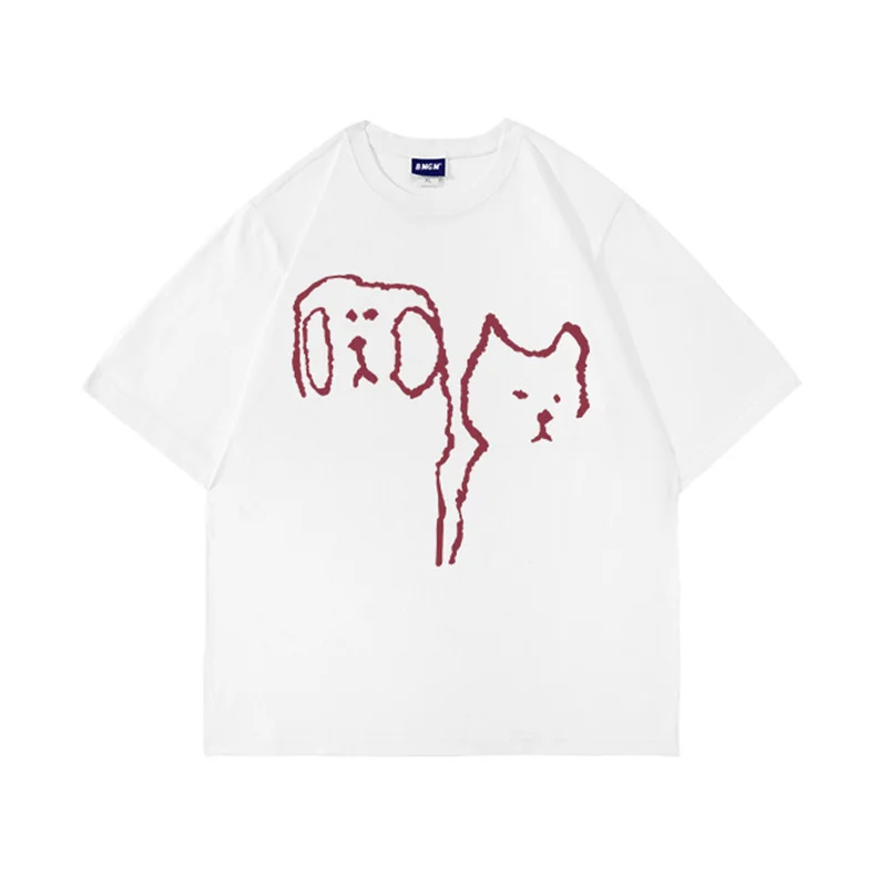 Men's Short Sleeved T-shirt Summer Dog and Cat Print 100%Cotton Soft Tee