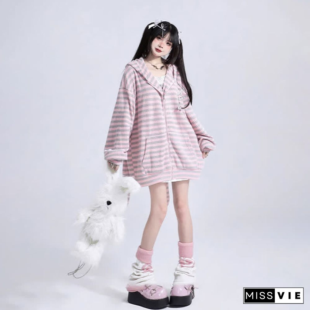 Long Bunny Ears Pocket Oversize Zipper Hooded Sweatshirt