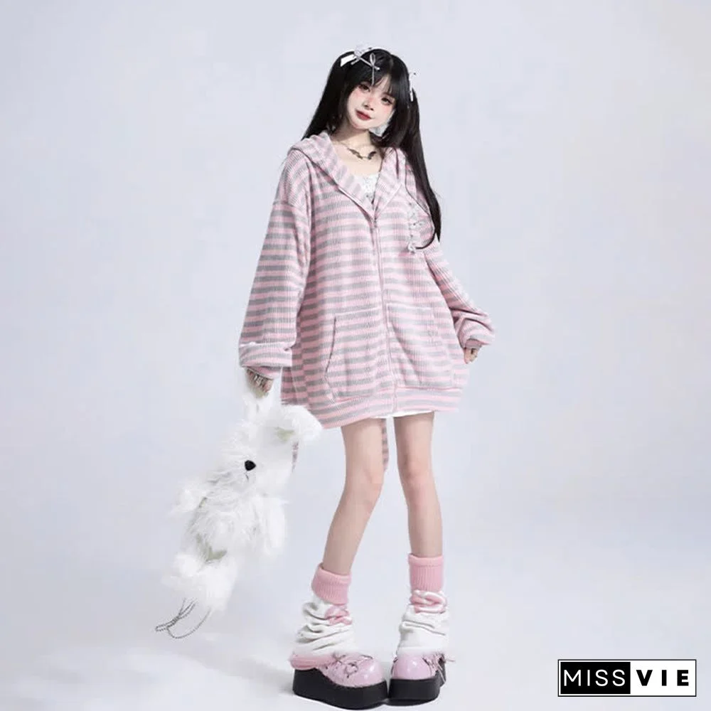 Long Bunny Ears Pocket Oversize Zipper Hooded Sweatshirt