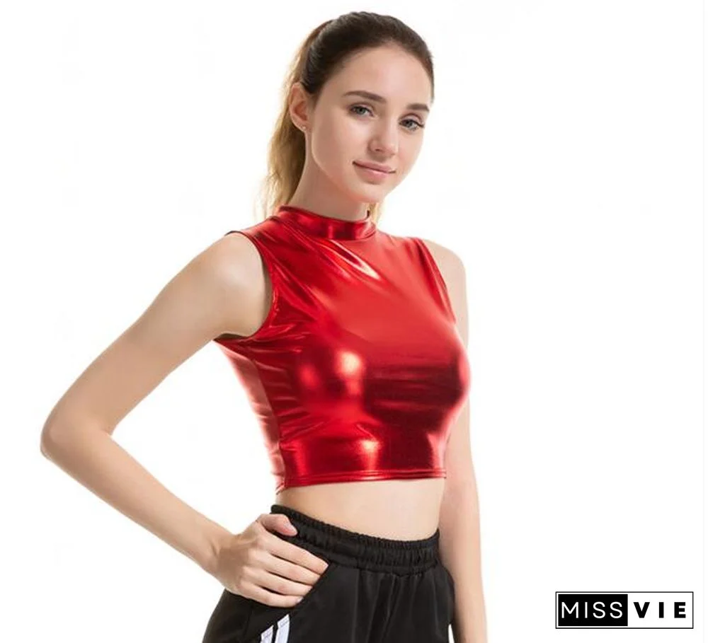 Ljcuiyao Women Crop Top Shiny Material Leather Sleeveless Vest Sports Tank Tops Gold Silver Shining Colorful Green Red Clothes