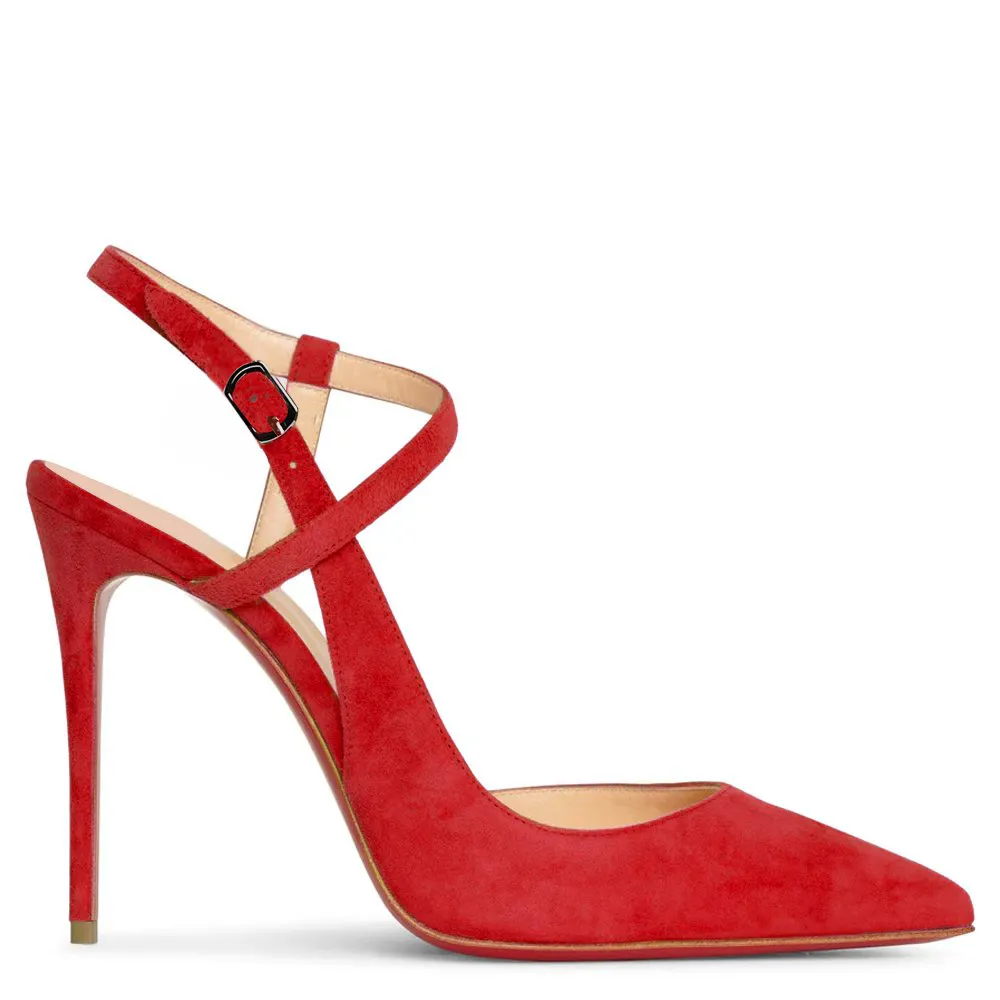 100mm Women Slingback Pumps Ankle Strap Jenlove Stiletto Mid Heel Close Pointed Toe Dress Red Soles-vocosishoes