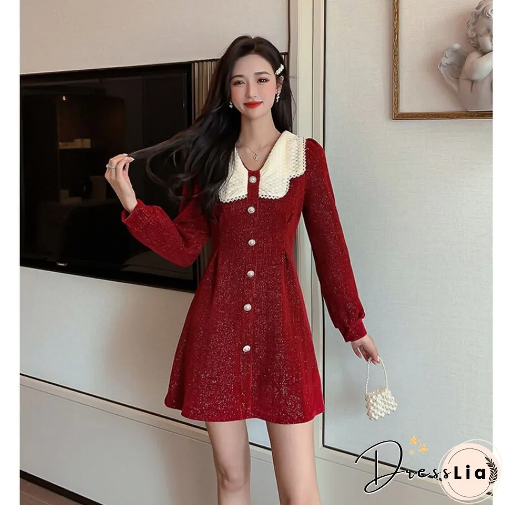 Luxury French Corduroy Mini Dress Womens Elegant Pearl Button Party Evening Classic Black