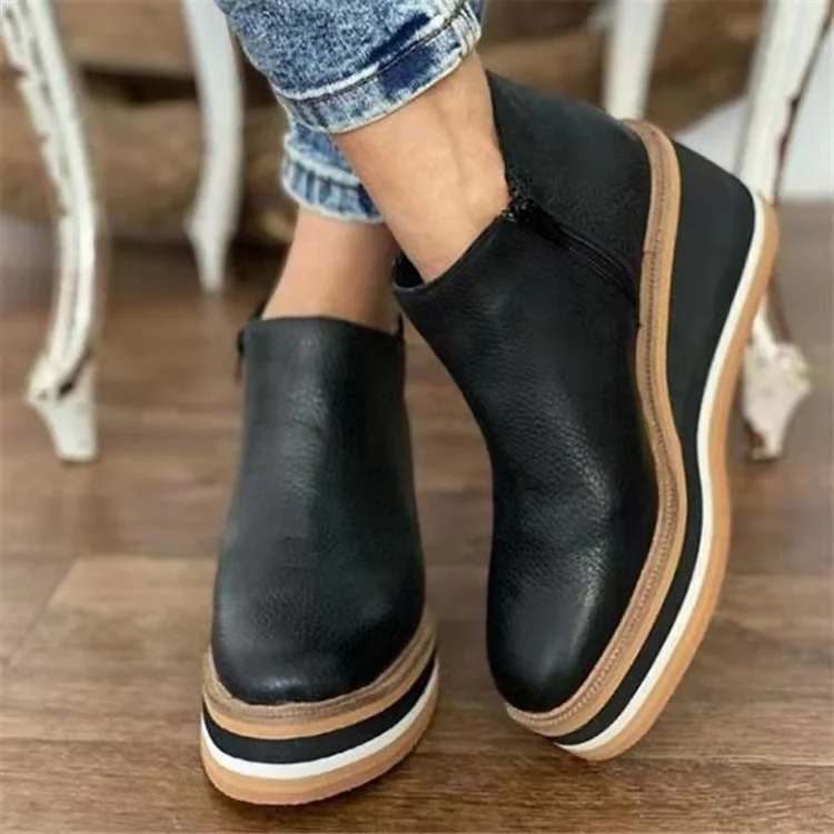 Yyvonne New Large-Size Slope And Short Boots Women Autumn And Winter Flat Bottom Zipper Round Head Solid Color Bare Boots Thick Bottom Leather Boots