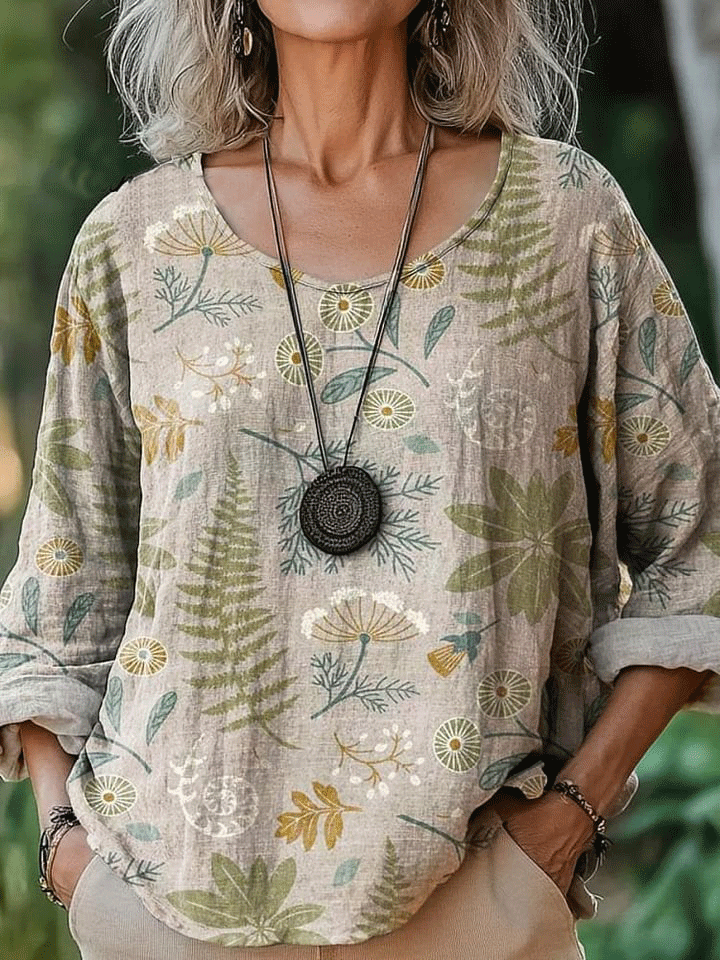 Women's Vintage Lovely Floral Art Print Casual Cotton And Linen Shirt