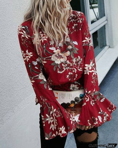 Floral V Neck Ruffle Top