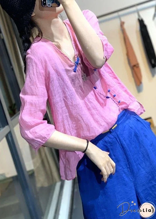 French Pink V Neck Button Cotton Shirt Bracelet Sleeve