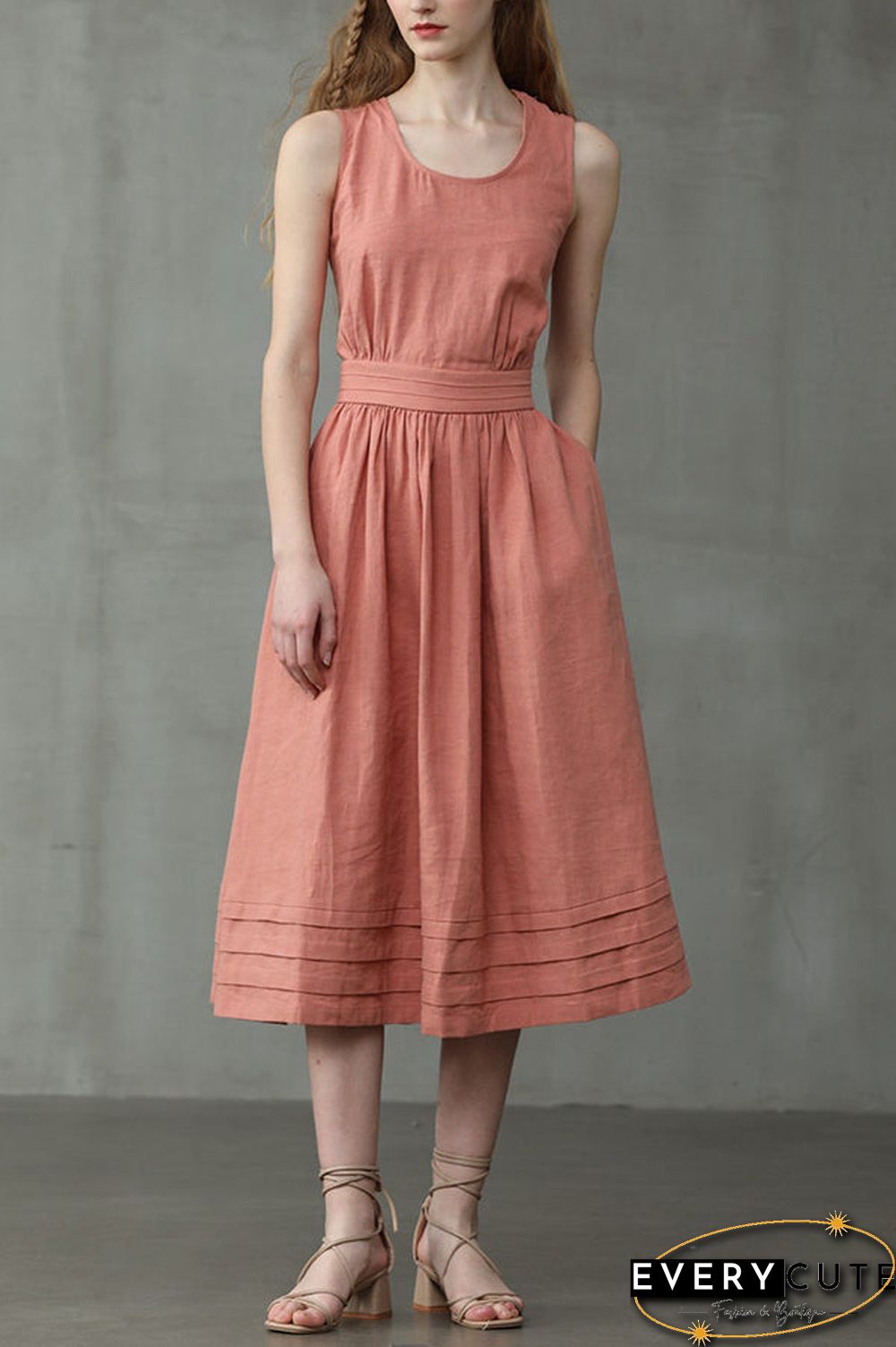 Cross Back O Neck Maxi Linen Dress