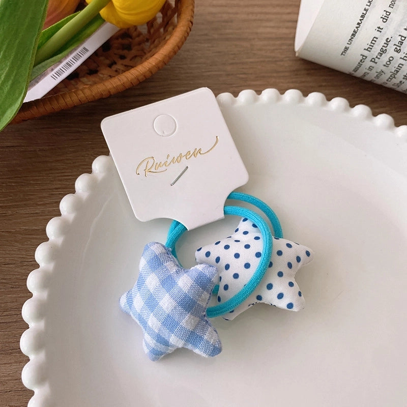 2 Korean Style Sweet Fabric Cotton Filled Colorful Five-Pointed Star Plaid Polka Dot Hair Ring Children Girl Hair Accessory For Ponytail