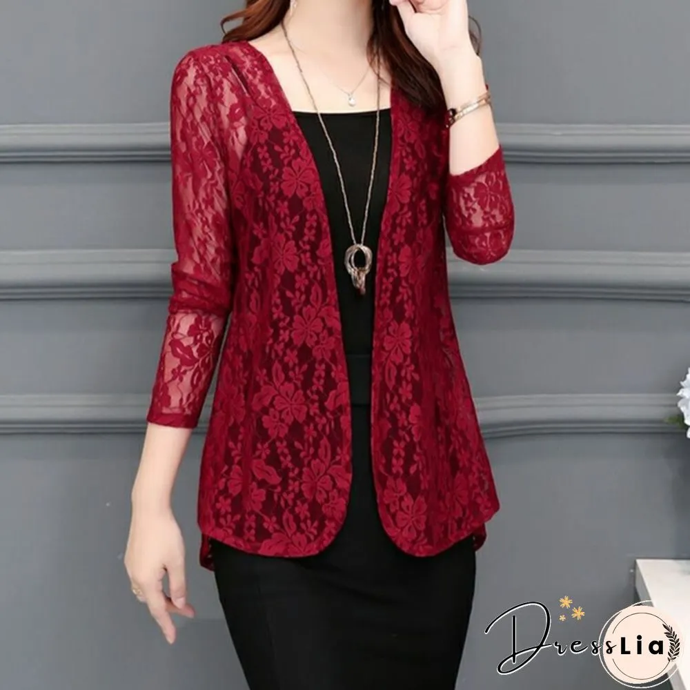 Womens Fashion Lace Cardigans Long Sleeves Solid Color Slim Fit Coat Casual Trench Outwear