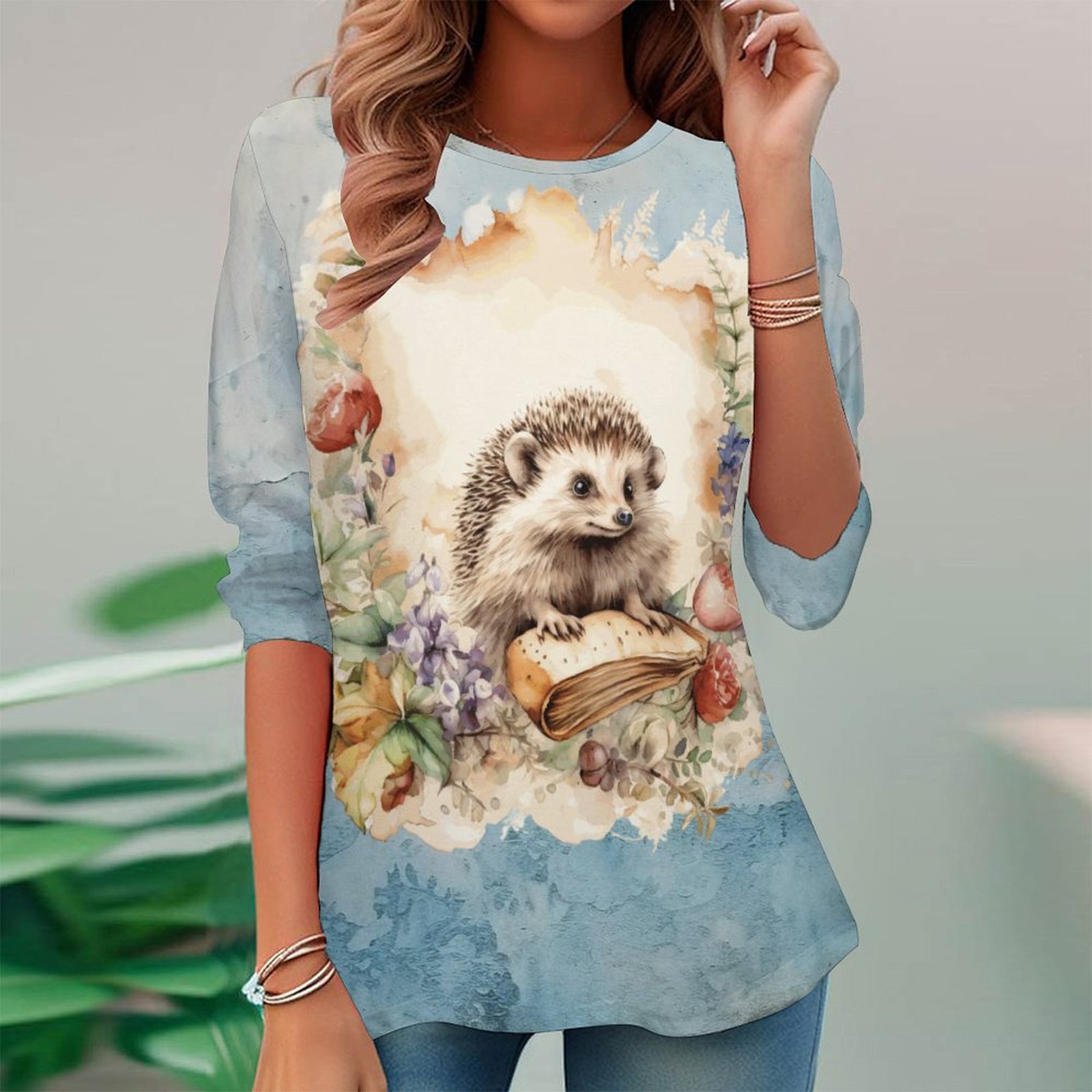 Women Long Sleeve V-neck Graphic Floral Printed Top