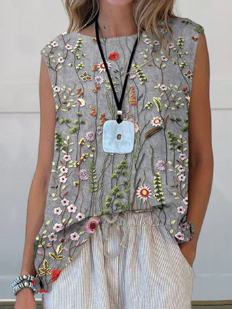 Comstylish Vintage Floral Embroidery Design Printed Casual Sleeveless Top