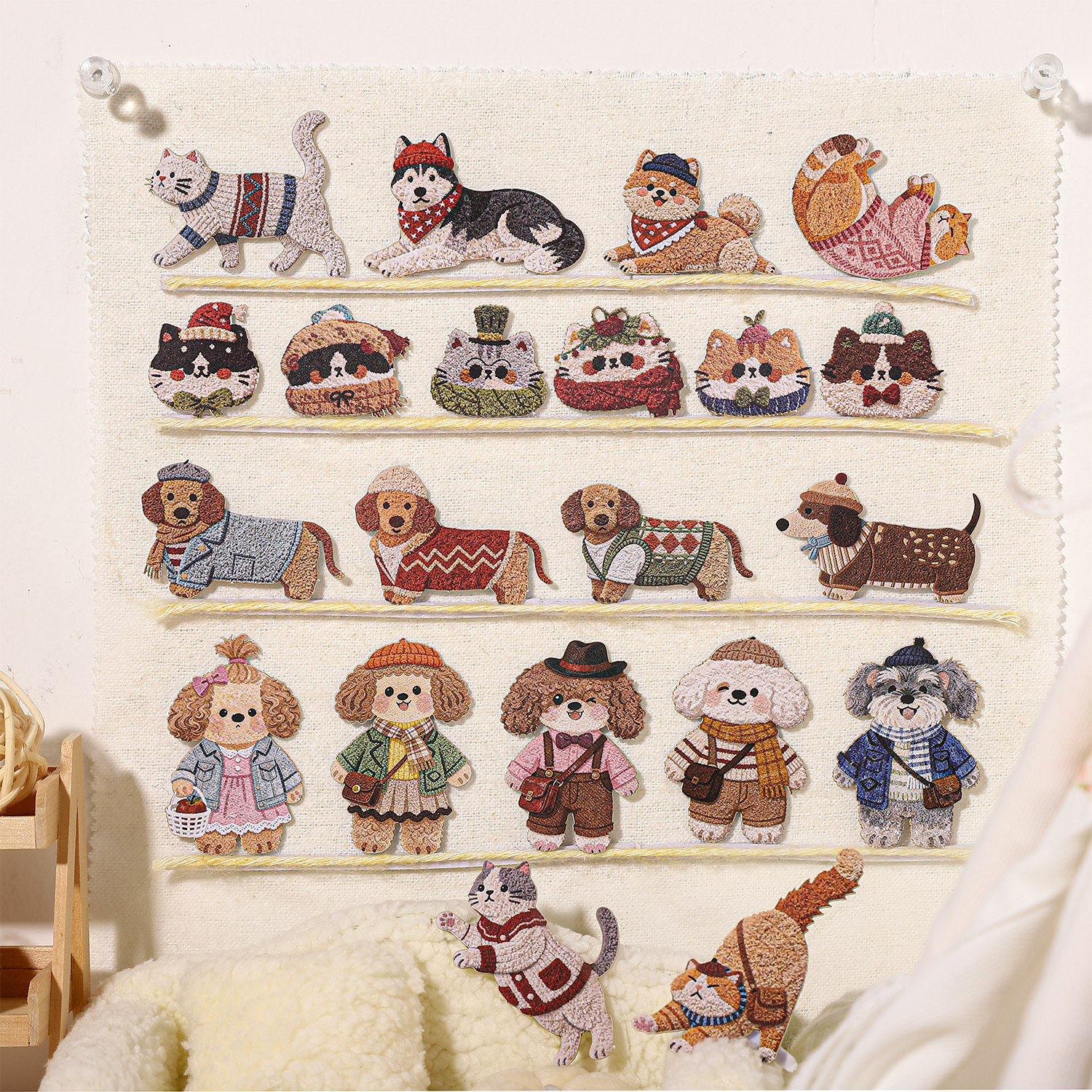 스티커 - 왕묘 옷장 시리즈 귀여운 봉제 고양이와 강아지 인형