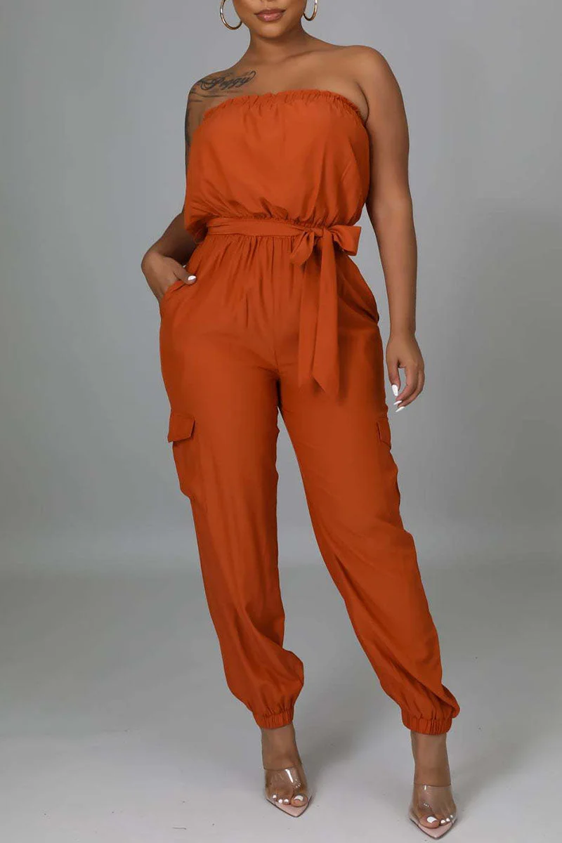 Sexy Solid Split Joint Strapless Straight Jumpsuits