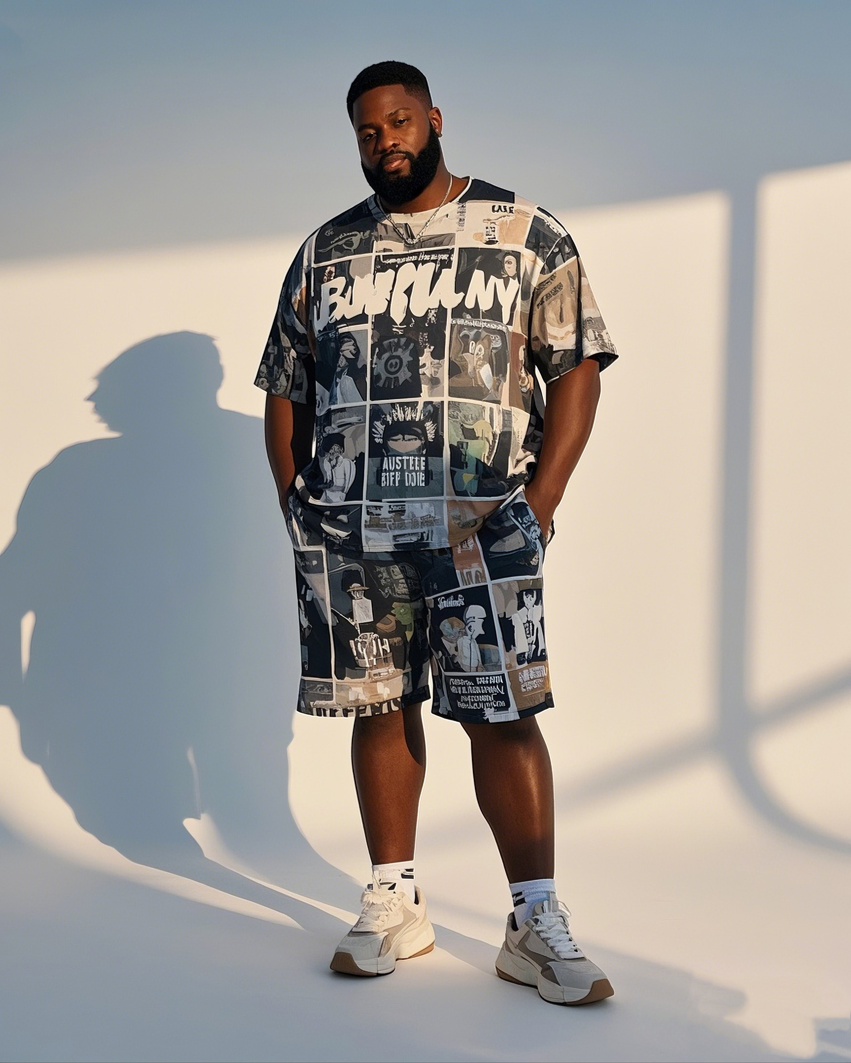 Big Boy Street Fashion Comic Puzzle Print Short Sleeve T-Shirt Shorts Suit