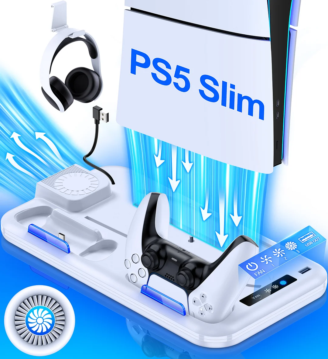 PS5 Cooling Station for 2023 PS5 Slim,DinoFire PS5 Accessories with Dual Controller Charging Station with Headset Holder