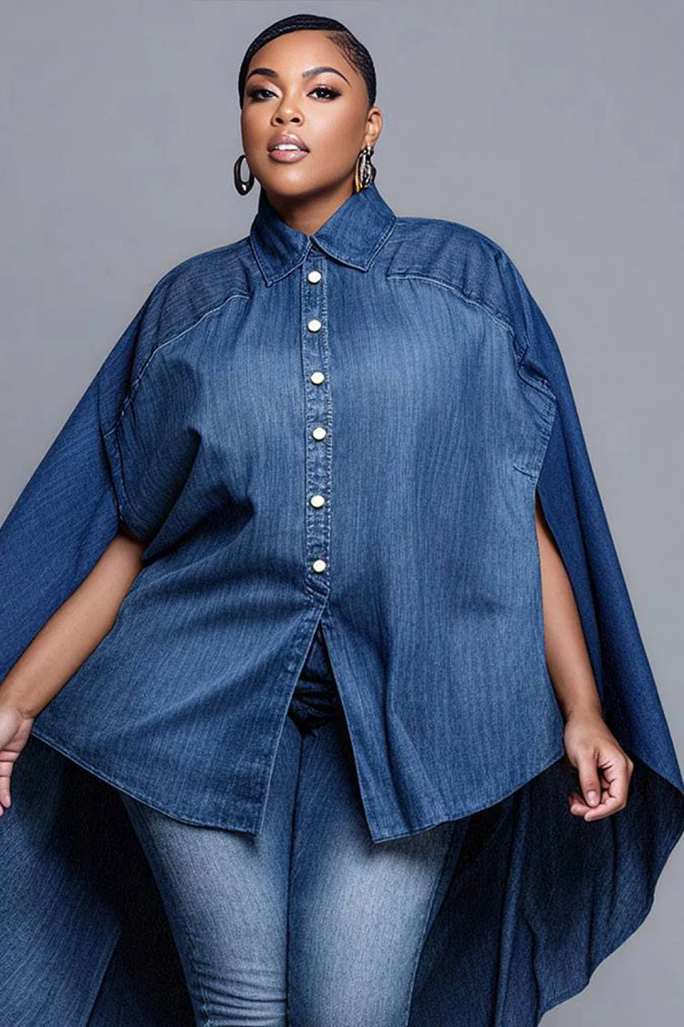 Xpluswear Design Plus Size Business Casual Light Blue Shirt Collar Cape Sleeve Half Sleeve Asymmetric Hem Elegant Tencel Denim Jacket [Pre-Order]