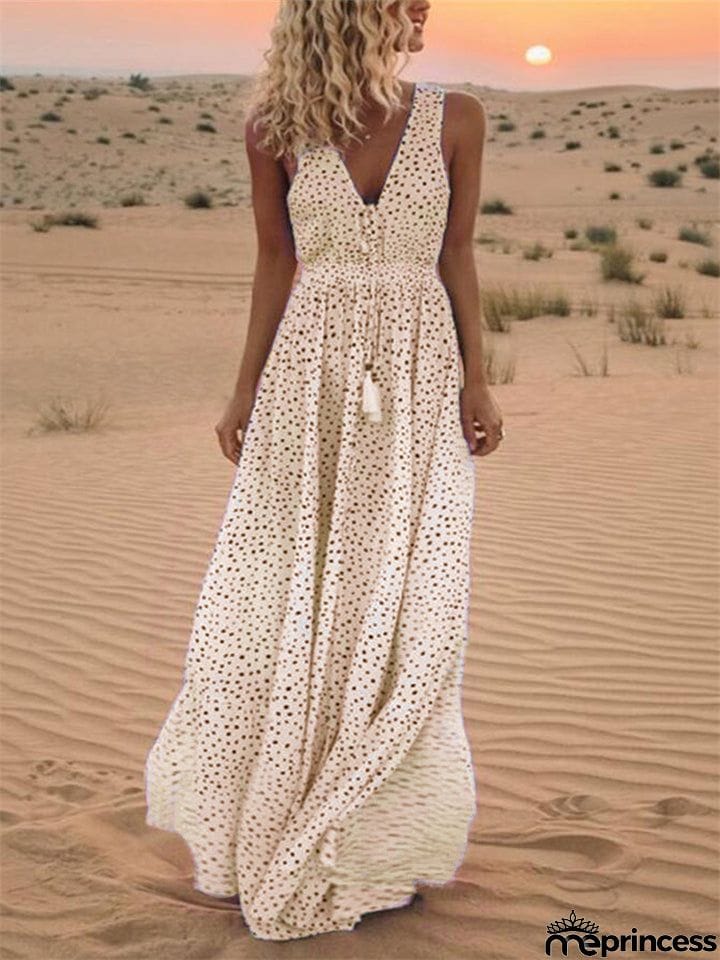 Bohemian V Neck Polka Dot Desert Flowy Dress for Women