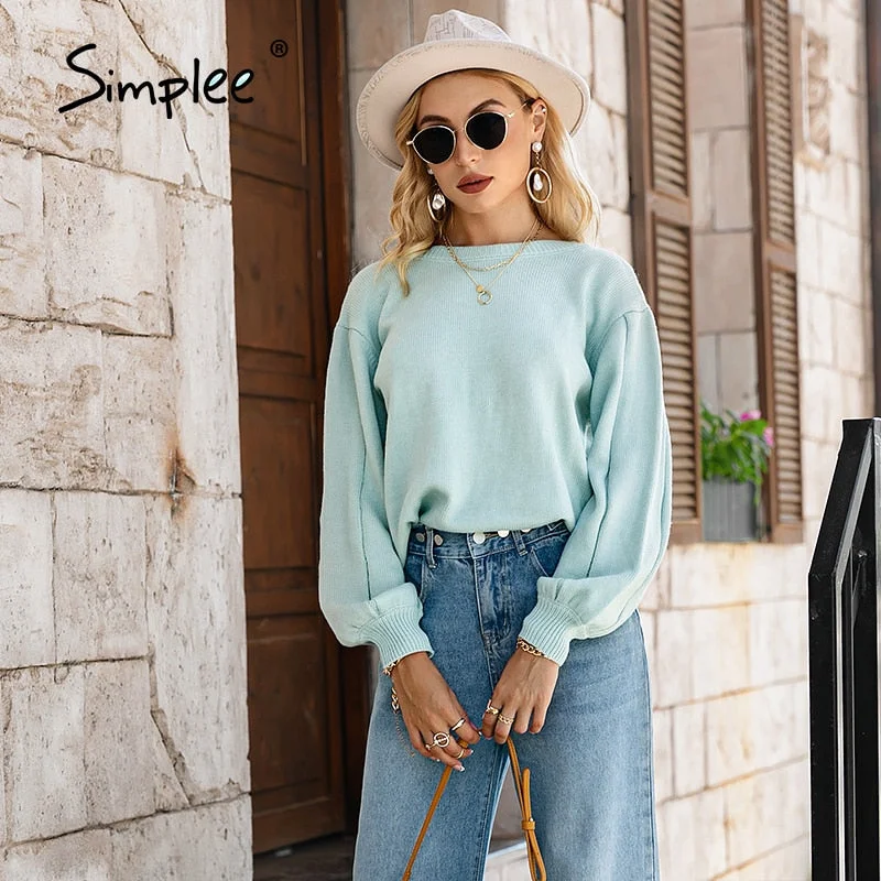 Simplee Backless chain long lantern sleeve sweater women Office lady o-neck pullover autumn Casual female short knitteD jumper