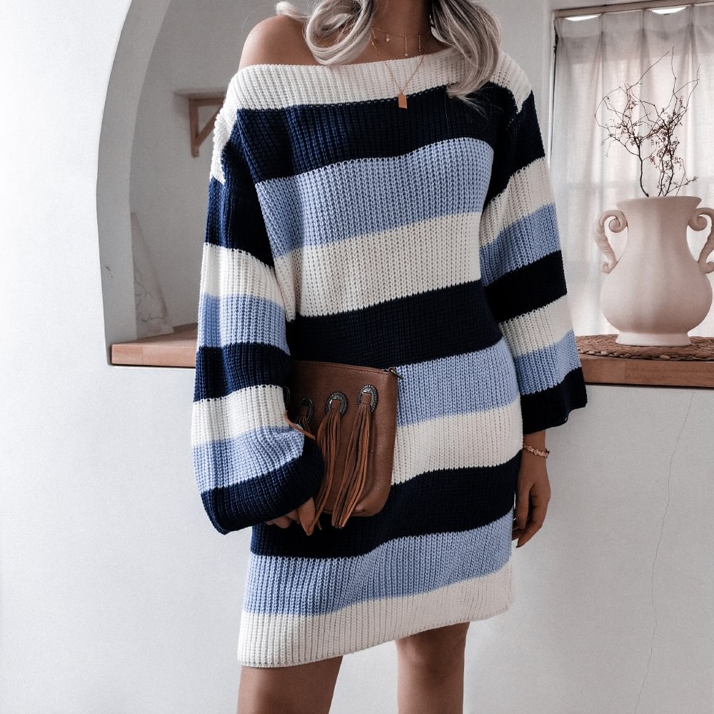 One-Neck Loose Contrast Striped Knitted Dress MusePointer