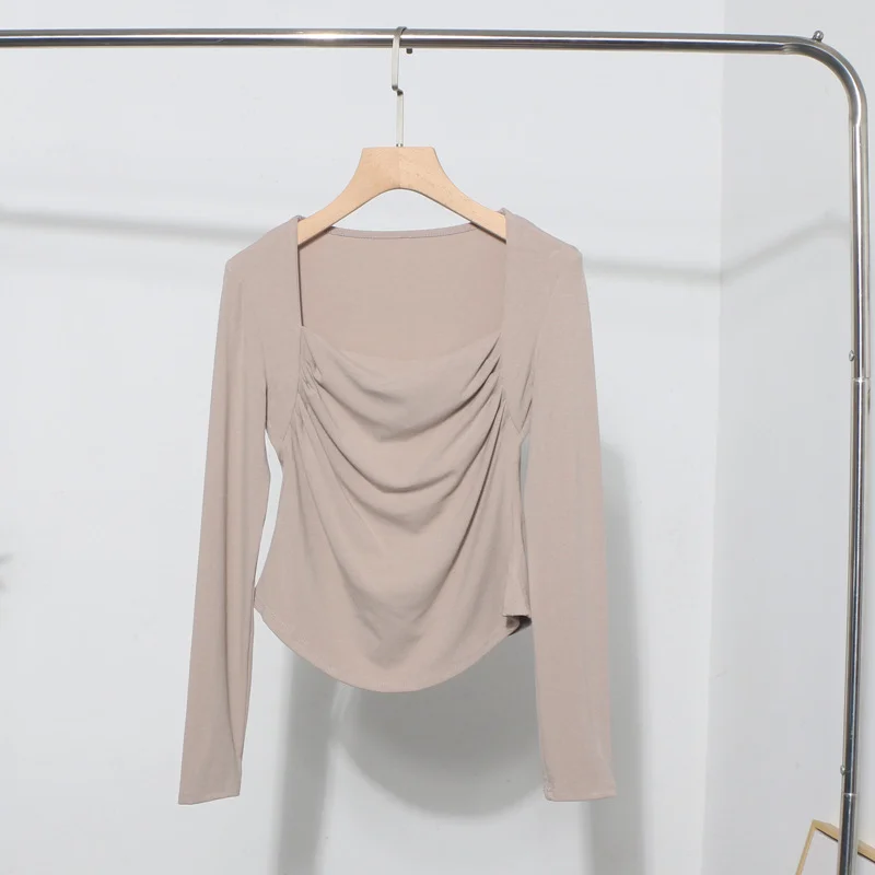 Brownm French Style Long-Sleeved T-Shirt Girl Autumn And Winter Collar Folded Folded Body Inside The Bottom Shirt Top 1665