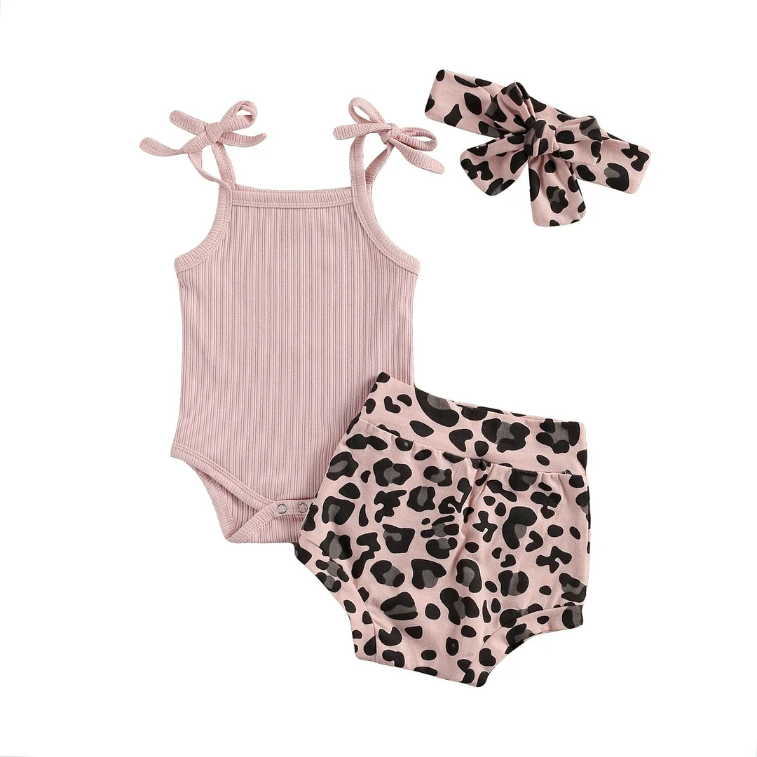 Infant Newborn Baby Girls 3 Pcs Outfits Suits, Sling Tank Tops Ribbed Romper Tops + Leopard Shorts + Headband Sets